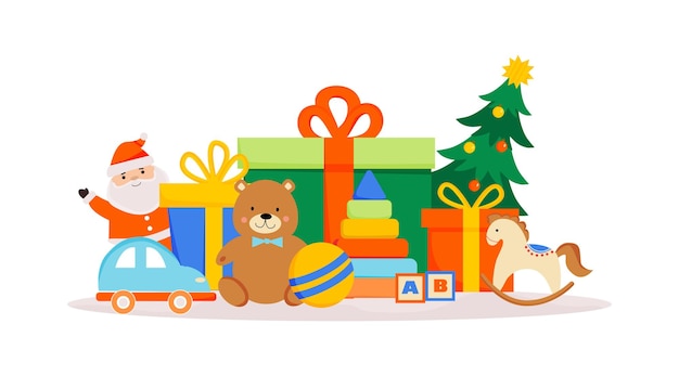 Brinquedos no fundo de caixas de presente Árvore de Natal do Papai Noel Caixas de presente com presentes de Natal