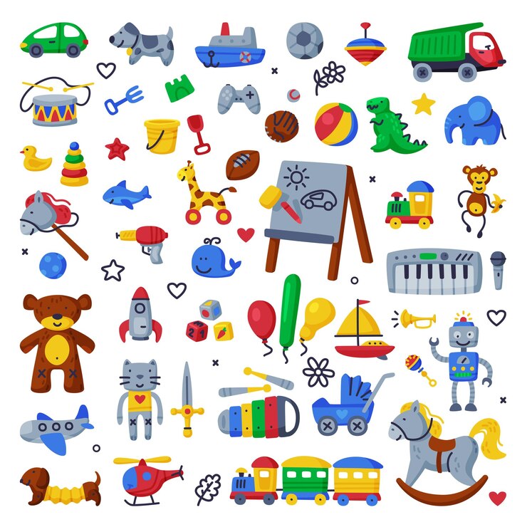 Vetor brinquedos para crianças grande conjunto vários objetos coloridos para crianças desenvolvimento de jogos e entretenimento ilustração vetorial de desenhos animados