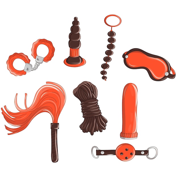 Brinquedos sexuais, vibradores, bolas anais, falos, tampões anais chaveiros algemados para máscaras de preservativos de vagina de pênis ilustração do doodle com elemento sextoys para sex shop.