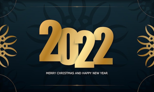 Brochura 2022 feliz natal e feliz ano novo em azul escuro com padrão dourado vintage