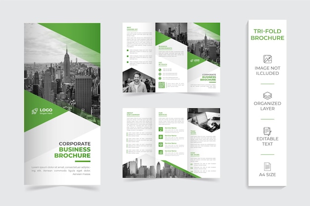 Brochura da empresa com três dobras verdes e brancas