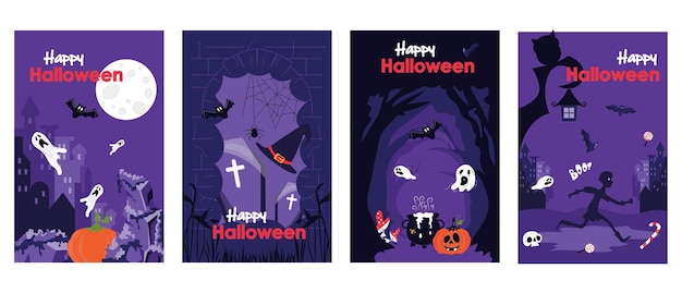 Brochura de capa de feriado de halloween definida em design plano de moda modelos de cartaz com cidade noturna com morcegos voadores e fantasmas chapéu de bruxa e caldeirão floresta escura malvada com abóbora ilustração vetorial