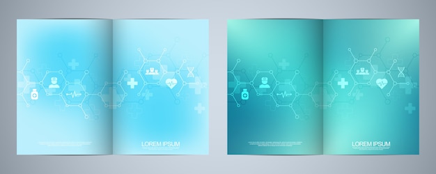 Brochura de modelo ou livro de capa, layout de página, design de folheto. Conceito e ideia para negócios de saúde, medicina de inovação, farmácia, tecnologia. Símbolos e ícones de planos médicos.