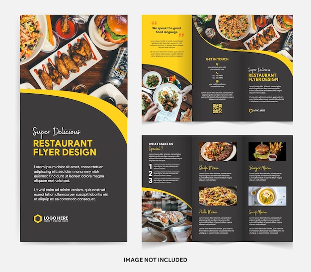 Brochura de três dobras de restaurante moderno e modelo de design de menu de comida.