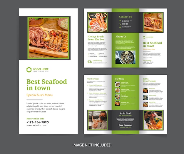 Brochura de três dobras de restaurante moderno e modelo de design de menu de frutos do mar.