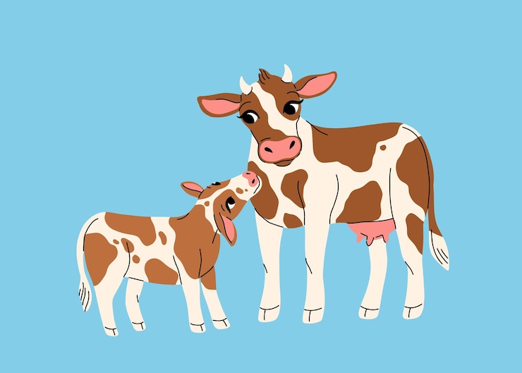 Vetor brown spotted white mama cow com seu bezerro juntos animais de fazenda de desenho animado desenhados à mão ilustração bonita para crianças livro isolado em fundo azul claro