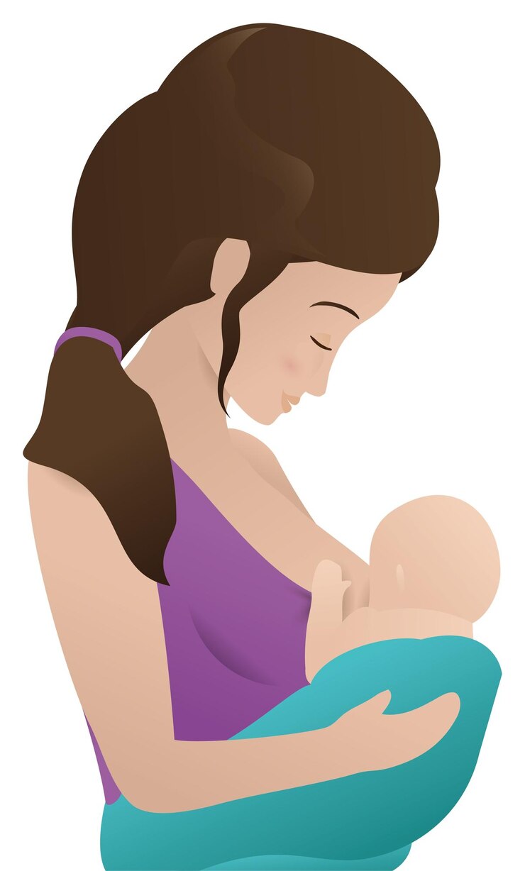 Vetor bruneta feliz e primeira mãe jovem carregando seu bebê e amamentando-o