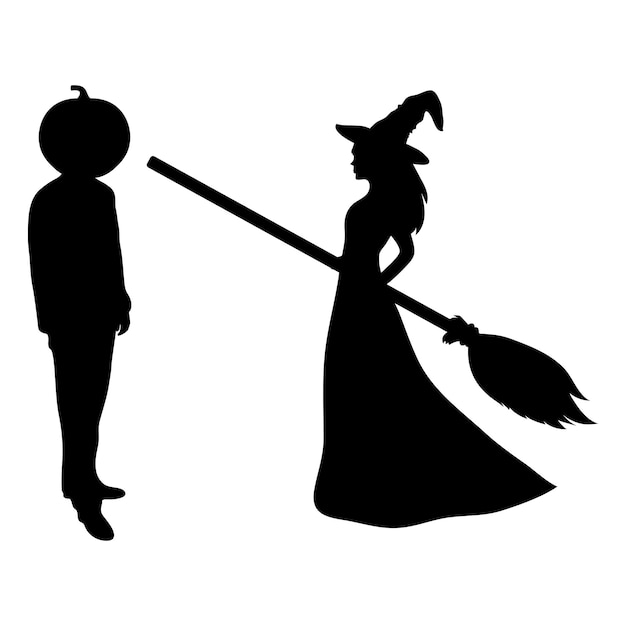 Bruxa bonita com uma vassoura e um homem com a cabeça de uma abóbora no fundo branco da festa de Halloween