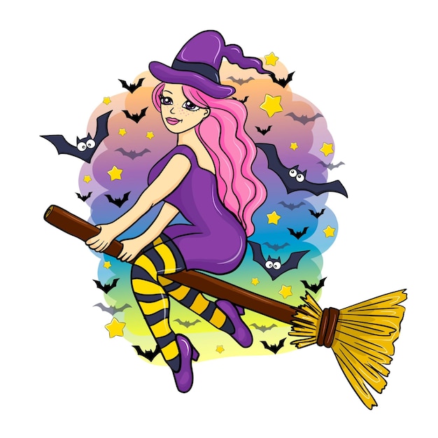Bruxa bonita voando em uma vassoura, personagem de desenho animado de halloween, ilustração vetorial