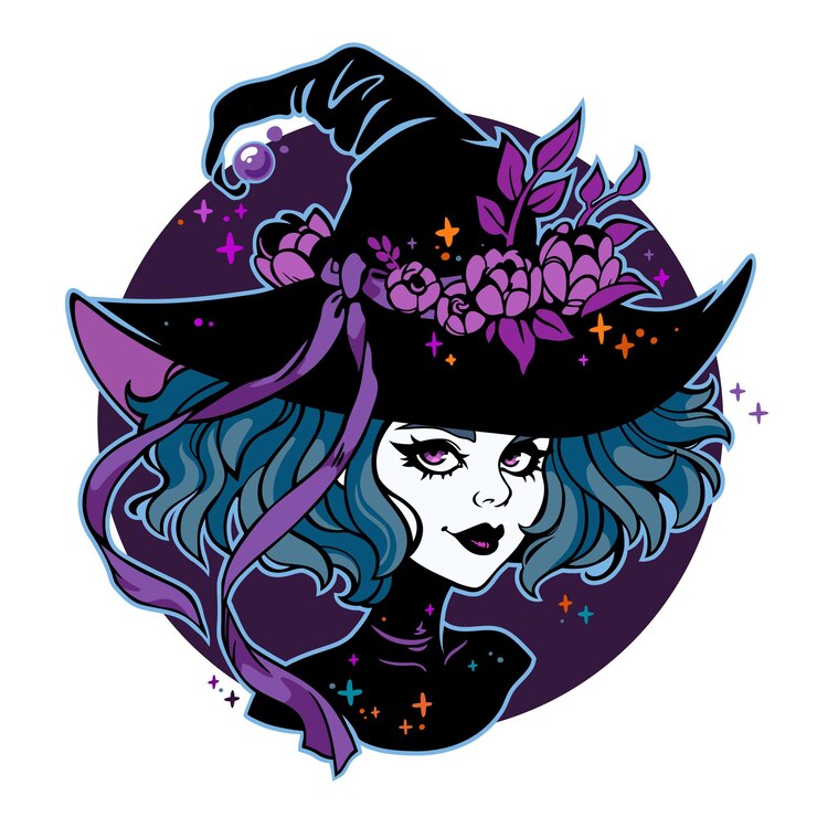 Vetor bruxa gótica bonita usando um chapéu decorado com flores