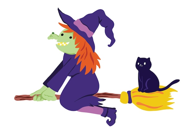 Bruxa na vassoura com gato preto bruxa de halloween gato bruxaria ilustração vetorial isolada