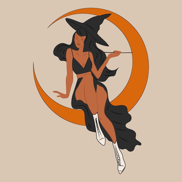 Bruxa Senhoras bonitas Pinup estilo retrô Conceito de fantasia de Halloween Vetor moderno desenhado à mão