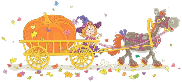 Vetor bruxinha carregando uma abóbora gigante de uma horta em sua carroça puxada por um cavalo engraçado