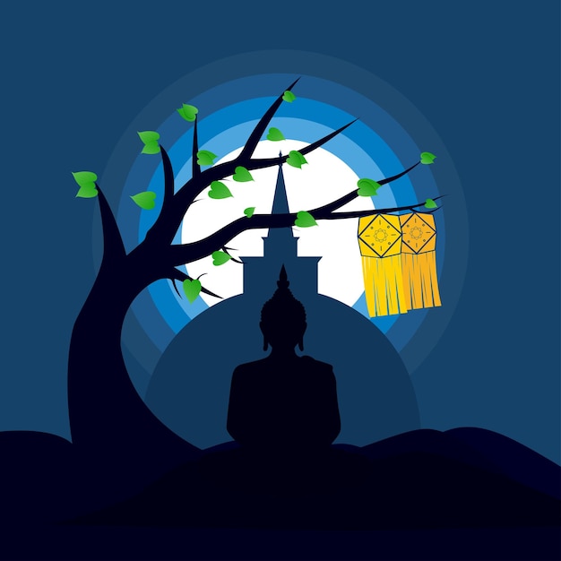 Buda meditando com Stupa e Lanternas na Noite de Vesak