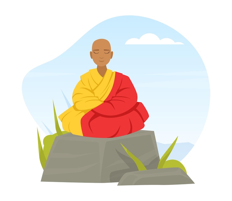 Vetor budista careca sentado em pedra e meditando em yoga ilustração vetorial da posição de lótus