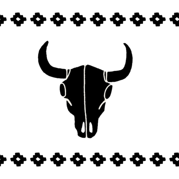 Búfalo, touro ou vaca de crânios pretos de vetor em um fundo branco. gráficos desenhados à mão. símbolo do sinal do oeste selvagem. crânio de vaca de emblema vintage com chifres.