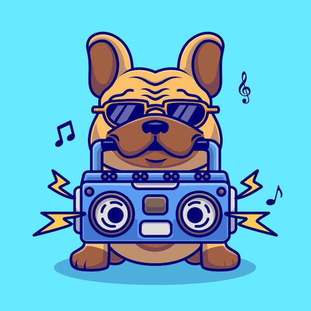 Buldogue bonito com música boombox dos desenhos animados ilustração vetorial ícone conceito de ícone de música animal isolado