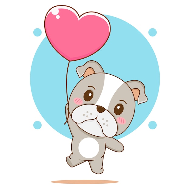 Buldogue fofo flutuando com personagem de desenho animado de balão de amor