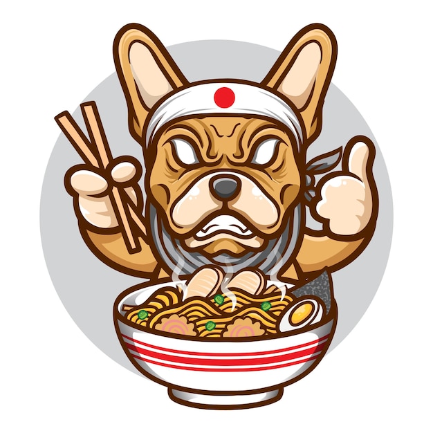 Vetor buldogue francês zangado comendo ilustração de macarrão ramen gostoso