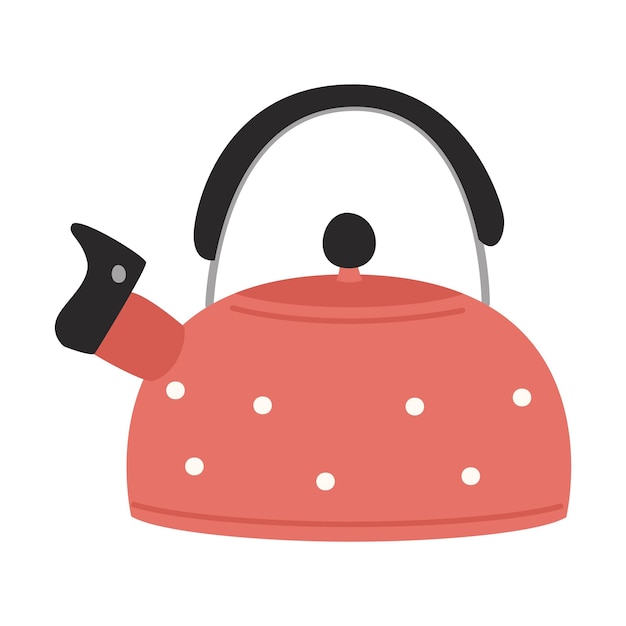 Bule de bolinhas vermelhas com tampa e apito utensílios de equipamentos de cozinha para acampar piquenique cozinhar a gás ou fogo ilustração vetorial plana isolada em um fundo branco