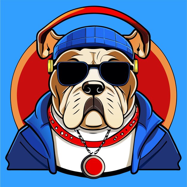 Bulldog bonito com fones de ouvido desenhado à mão plano estiloso conceito de ícone de adesivo de desenho animado