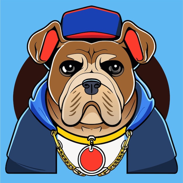 Bulldog bonito com fones de ouvido desenhado à mão plano estiloso conceito de ícone de adesivo de desenho animado