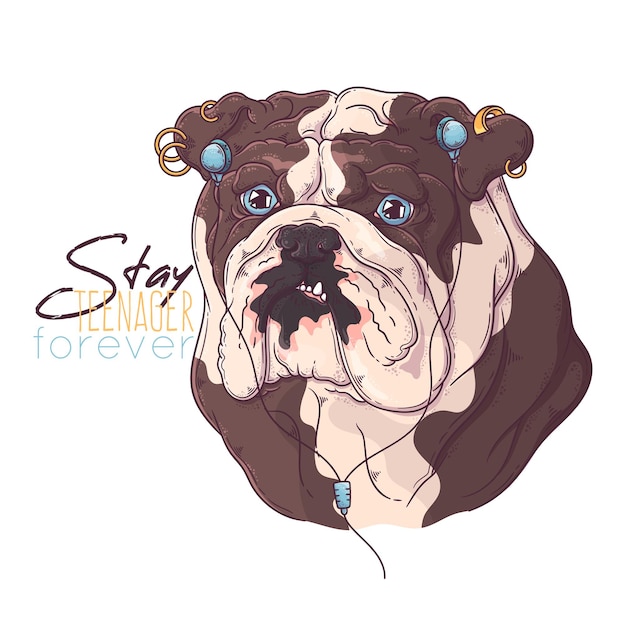 Vetor bulldog desenhado à mão com fones de ouvido