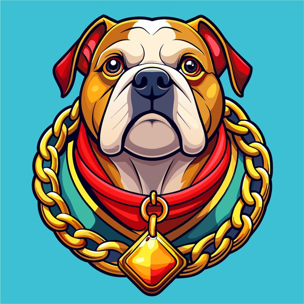 Vetor bulldog desenhado usando cadeia de ouro e boné desenhado à mão personagem de desenho animado adesivo conceito de ícone