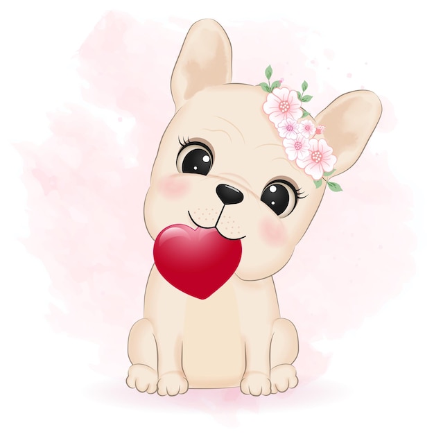 Bulldog francês bonito e ilustração do conceito de dia dos namorados de coração