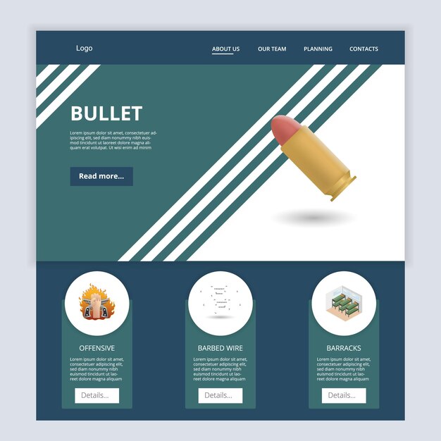 Vetor bullet flat landing page website template ofensiva com espinhos