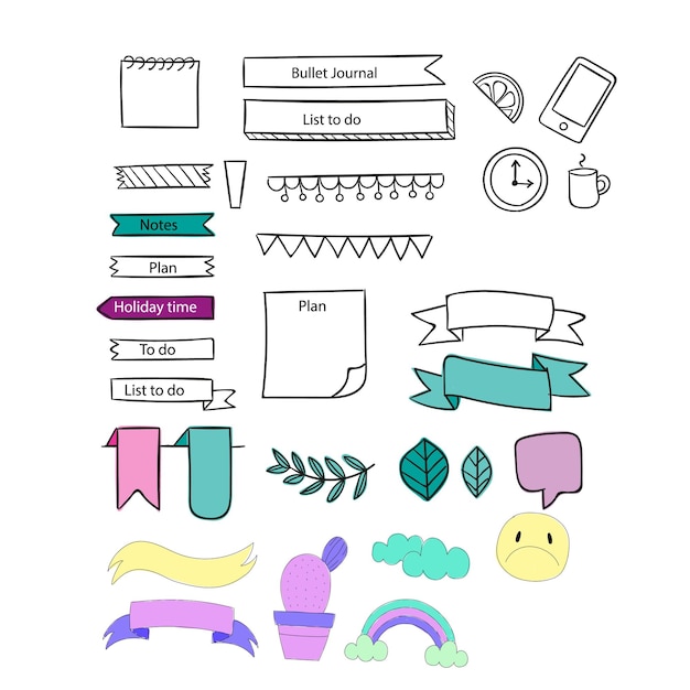 Bullet journal elemento desenhado à mão conjunto adesivo planejador etiqueta Doodle esboço estilo rabiscado Bullet