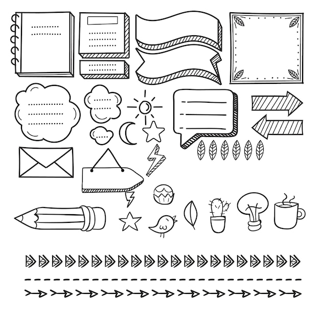 Bullet journal elemento desenhado à mão conjunto adesivo planejador etiqueta Doodle esboço estilo rabiscado Bullet