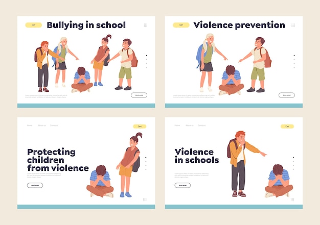 Vetor bullying na escola prevenção de conflitos e proteção contra conjunto de modelo de página de destino de violência