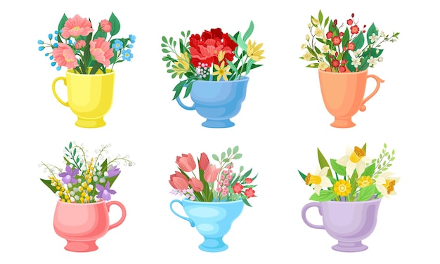 Bunch de flores em diferentes vasos e vasos vector set