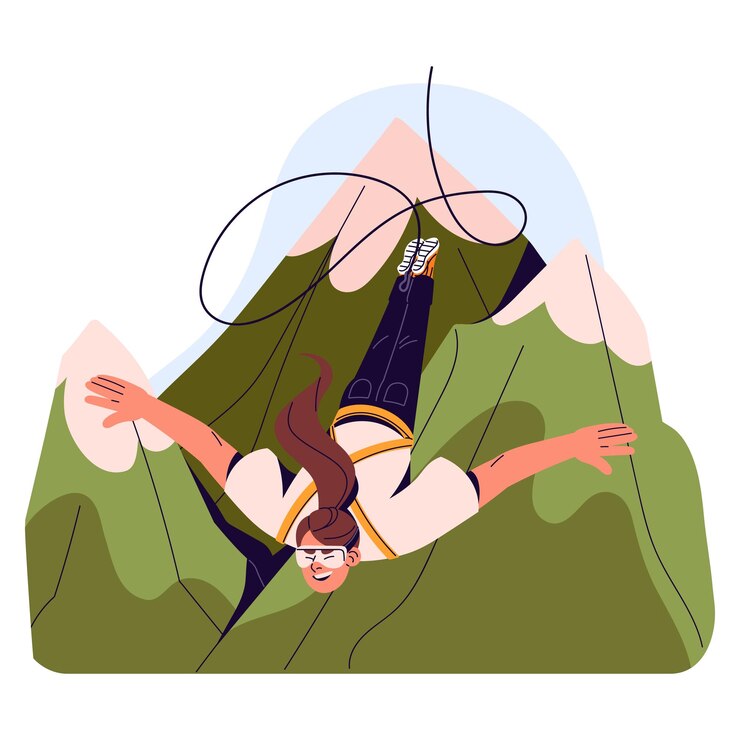 Vetor bungee ou corda saltando do topo de uma rocha menina excitada caindo de cabeça para baixo com corda elástica de altura atividade extrema nas montanhas no verão ilustração vetorial isolada plana em fundo branco