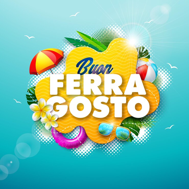 Vetor buon ferragosto projeto de festival de verão italiano com elementos de férias de verão de flores e tipografia