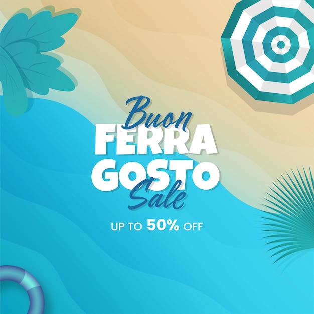 Vetor buon ferragosto venda design de cartaz com oferta de desconto de 50% no fundo de vista para a praia.