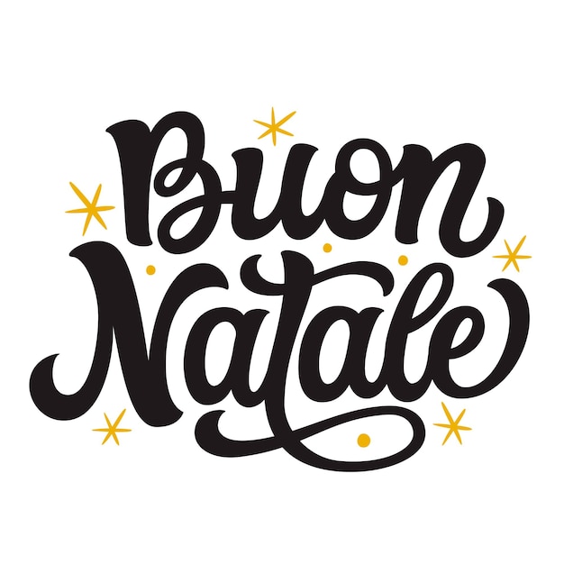 Vetor buon natale, tradução italiana: feliz natal. citação de letras de mão isolada no fundo branco. tipografia vetorial para cartões comemorativos, cartazes, festa, decoração para casa, decalques de parede, banners