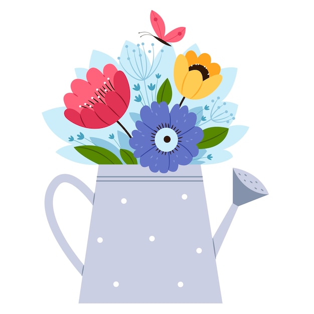 Buquê abstrato decorativo de primavera em um regador Humor de primaveraIlustração plana desenhada à mão