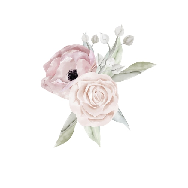 Buquê aquarela de flores de anêmonas cor de rosa e eucalipto