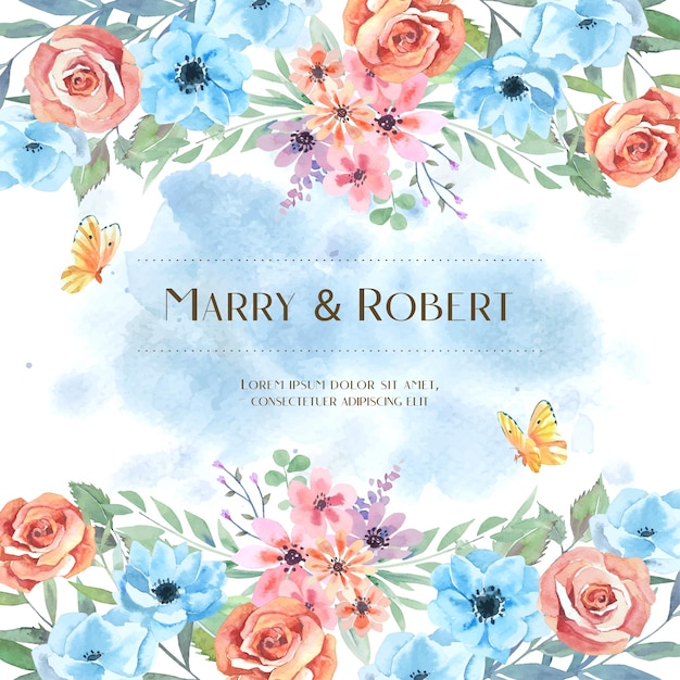 Buquê de aquarela com design de cartão de casamento de borboleta.