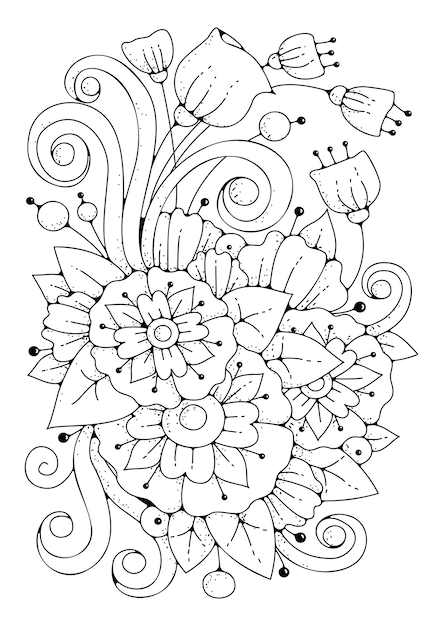 Buquê de flores abstratas em preto e branco para colorir. ilustração vetorial página para colorir para crianças e adultos. arte terapia.