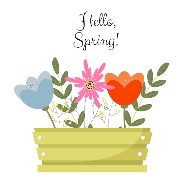 Vetor buquê de flores da primavera dentro da caixa com o texto hello spring flat design