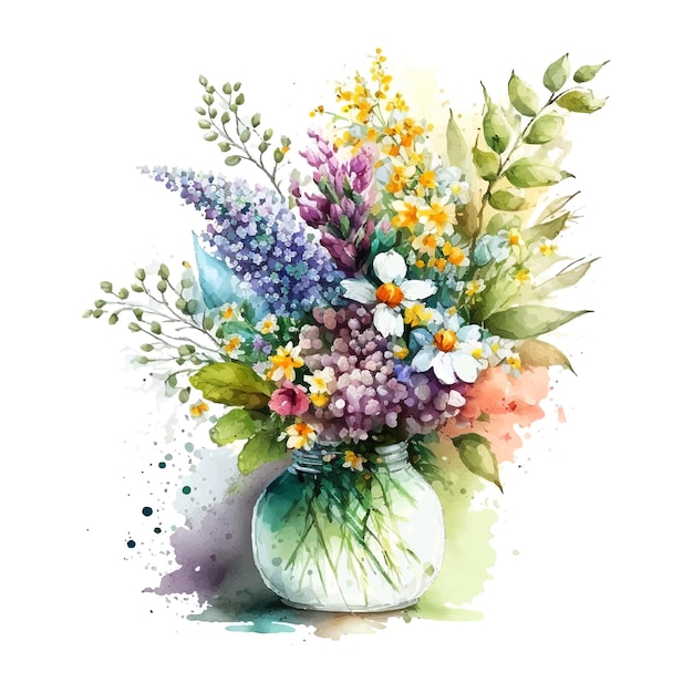 Buquê de flores da primavera em aquarela Ilustração em aquarela de flores Composição manual Primavera Verão