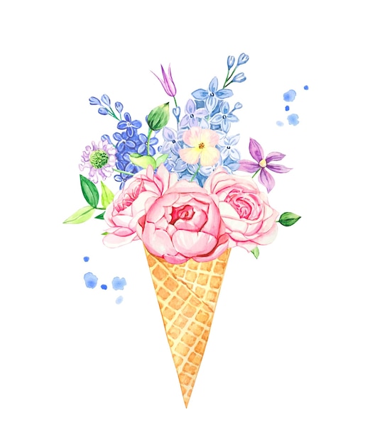 Buquê de flores de verão em uma ilustração de aquarela de xícara de waffle