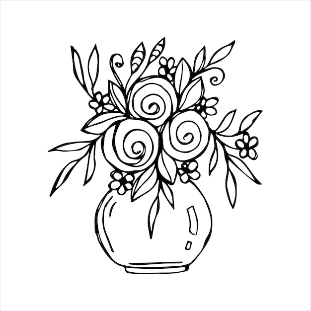 Buquê de flores desenhado à mão em um estilo de desenho ou desenho de vaso