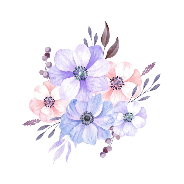 Buquê de flores em aquarela Composição de anêmonas roxas com folhas isoladas em fundo branco Ve