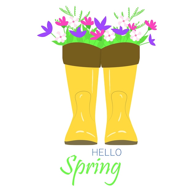 Buquê de flores em botas. botas amarelas. olá cartão de primavera ou banner quadrado. ilustração em vetor.