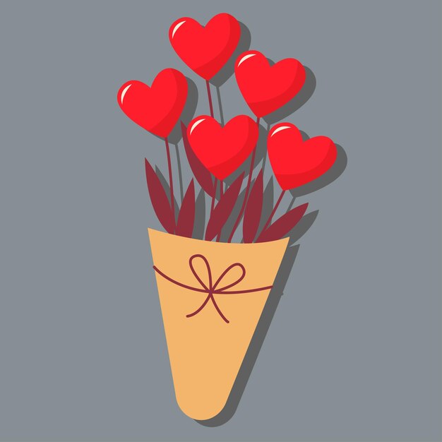 Buquê de flores em forma de coração. Dia de amor. Dia dos namorados. Um cartão com uma declaração de amor. Uma imagem de vetor plana em um fundo cinza.