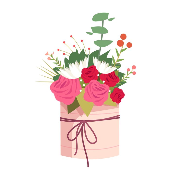Vetor buquê de flores em ilustração vetorial de cor rgb semi plana. presente floral para o dia dos namorados. peça central do casamento. presente floral romântico para entrega de objeto de desenho animado isolado em fundo branco